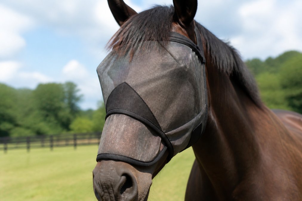 Diagram comparing material durability of a Cashel vs Kensington fly mask during field use