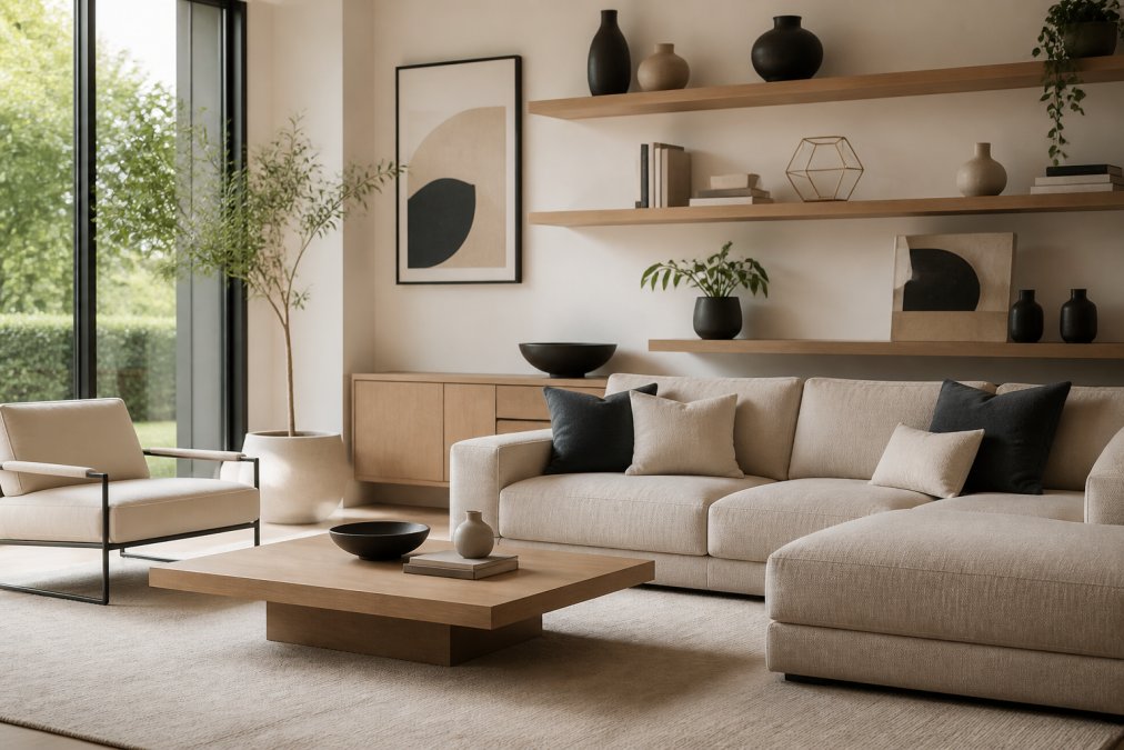 Modern living room with clean-lined furniture in neutral tones, large windows with natural light, minimalist decor with geometric accessories on floating shelves