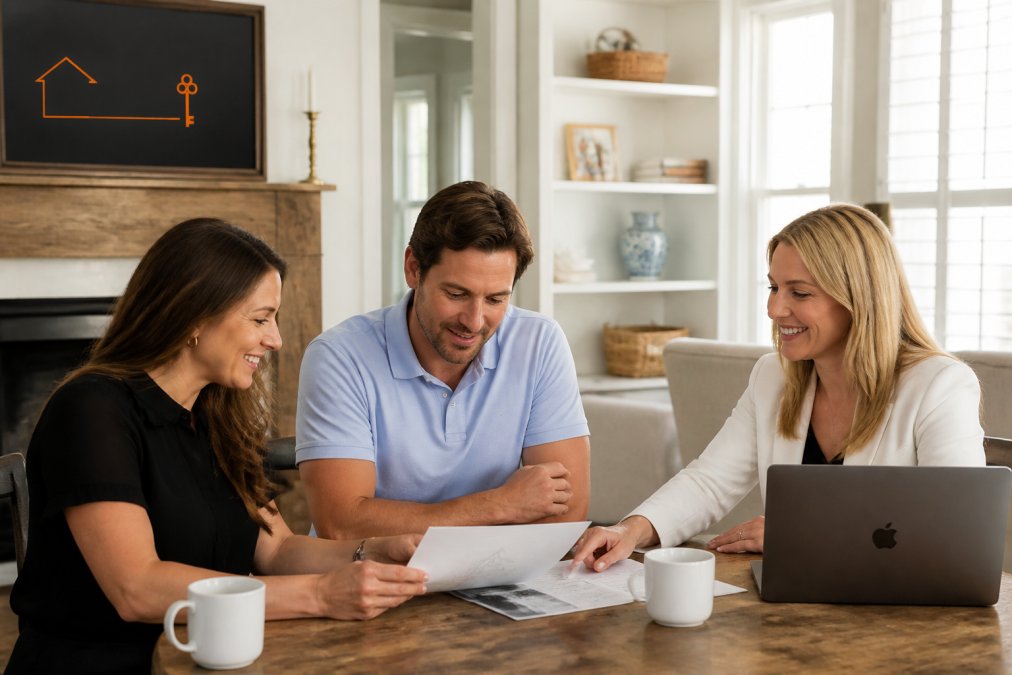 A couple reviewing documents with their real estate agent at a bright table in a Charleston-style home, with a laptop and coffee cups visible