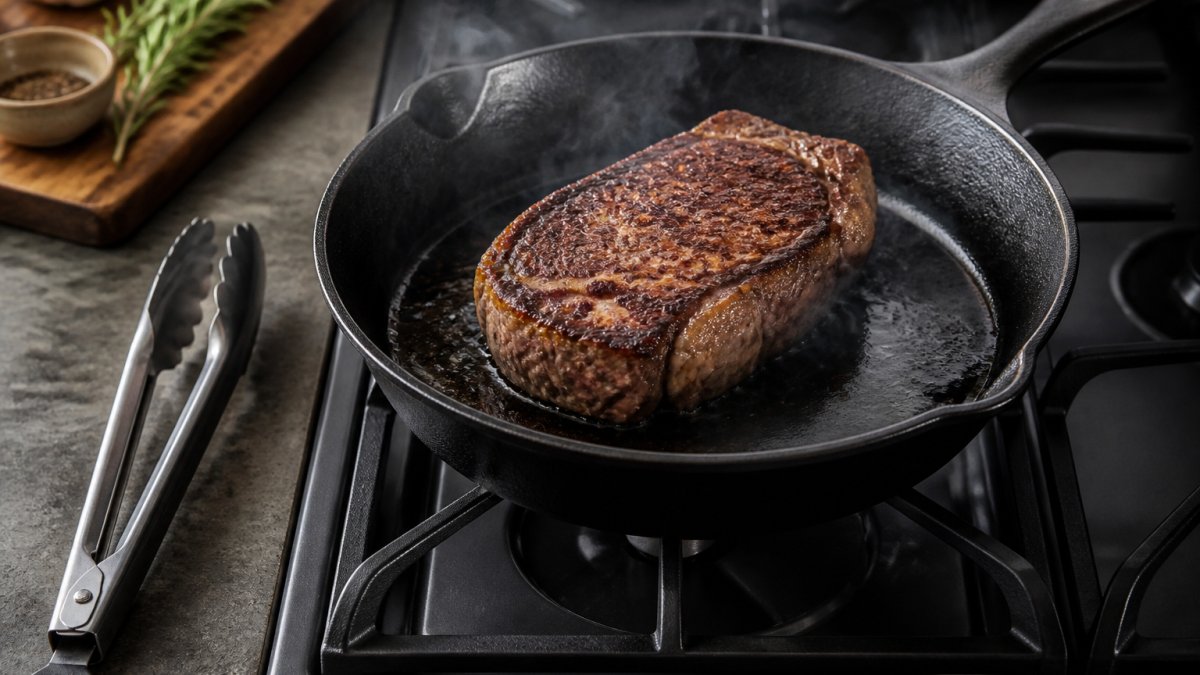 Close-up of a thick steak searing in a cast iron skillet on a stovetop, dark crust forming on the surface, light smoke rising, tongs resting on the counter nearby
