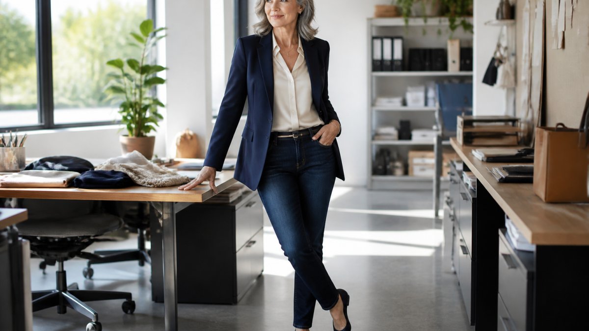 Woman over 50 wearing a structured blazer in navy over a cream silk blouse, paired with dark-wash jeans and pointed-toe flats, standing confidently in a bright modern office setting with natural window lighting