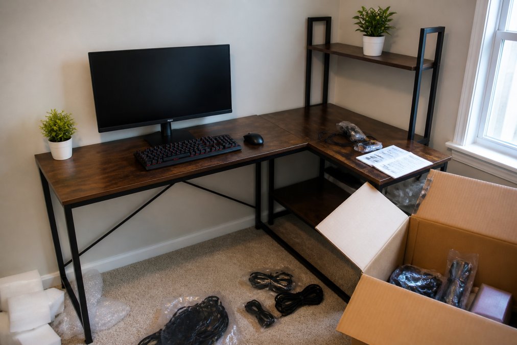 Clean minimalist gaming desk with single monitor, mechanical keyboard, and wireless mouse on L-shaped wooden desk with black metal frame, small potted plant on shelf, organized cables routed along desk edge