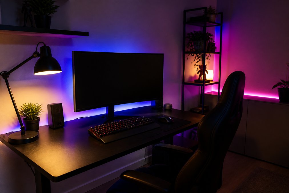 Gaming room with ambient RGB backlighting strips glowing softly behind curved monitor, dimmable desk lamp casting warm light across keyboard and desk surface, secondary accent lighting along wall creating cyberpunk aesthetic without harsh shadows
