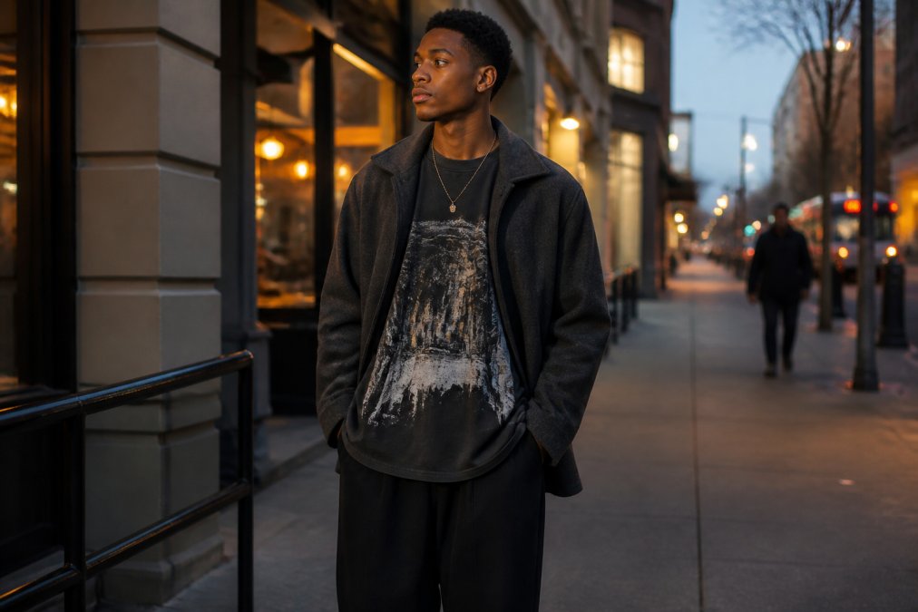 Person wearing an oversized heavyweight graphic tee under a structured wool jacket for a luxury streetwear look.
