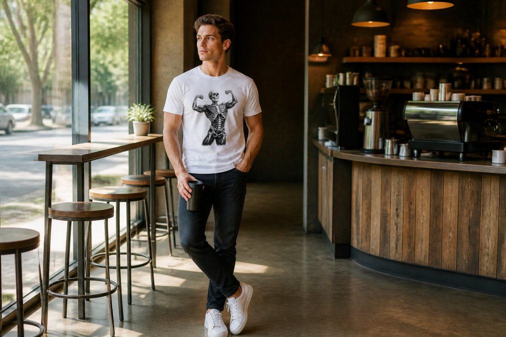 Man wearing a casual workout shirt styled with dark jeans and white sneakers, standing in an urban coffee shop setting with natural light streaming through windows
