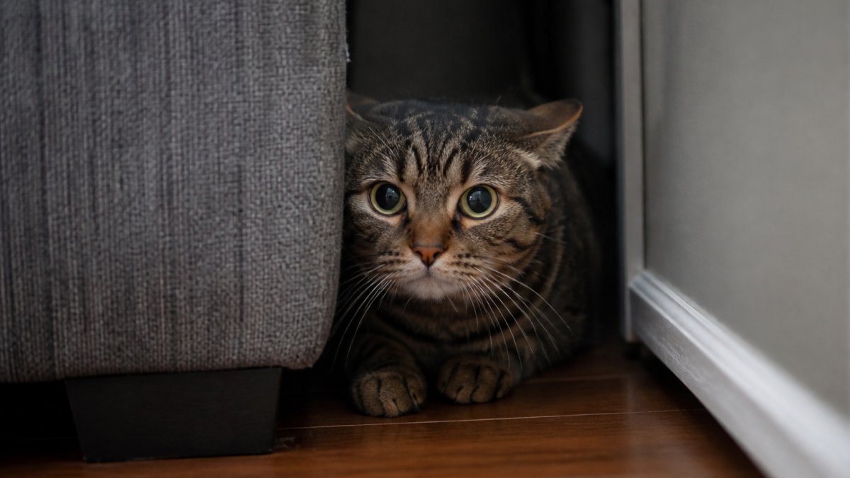 A nervous tabby cat with ears pinned back and dilated eyes hiding partially behind furniture, showing tense body posture and alert expression in dim home lighting
