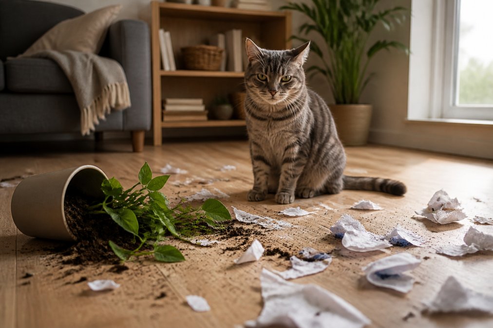 A restless cat sits by an overturned plant and shredded paper, illustrating signs of cat anxiety vs boredom.