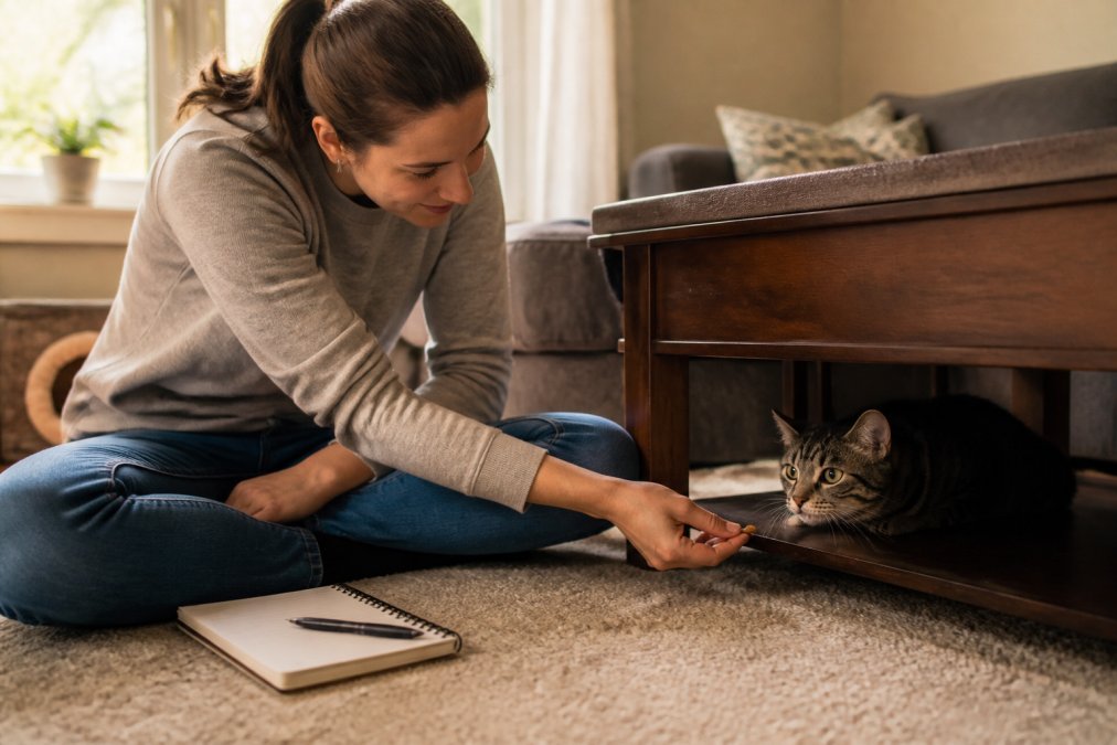 A professional pet sitter sitting cross-legged on the floor in a cozy living room, gently offering a treat to a shy tabby cat peeking out from under a coffee table, soft afternoon light through a window, a notebook and pen resting nearby