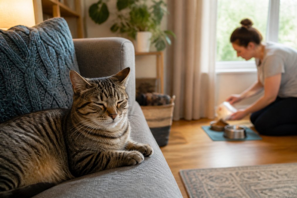 A cat resting comfortably on a sofa in a cozy living room, with a pet sitter in the background quietly refilling a food bowl, warm afternoon light through the window