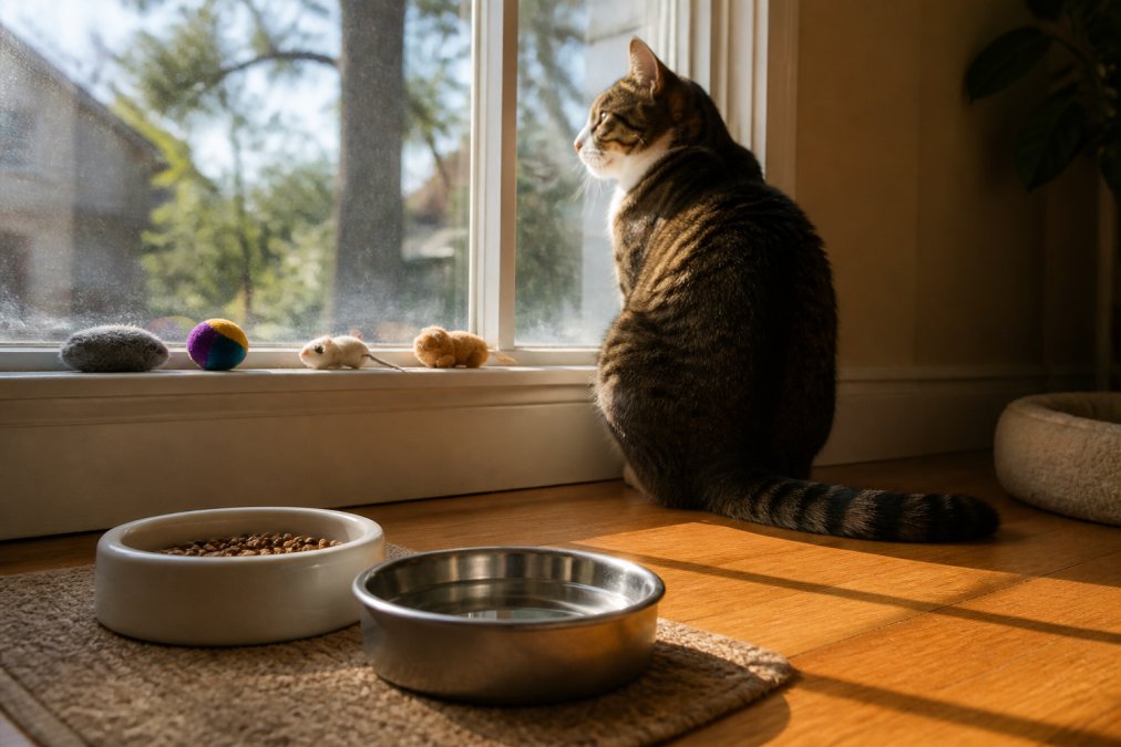 A cat sitting by a window with food and water bowls in the foreground, morning sunlight streaming through the glass, showing a prepared home environment with toys visible on the windowsill
