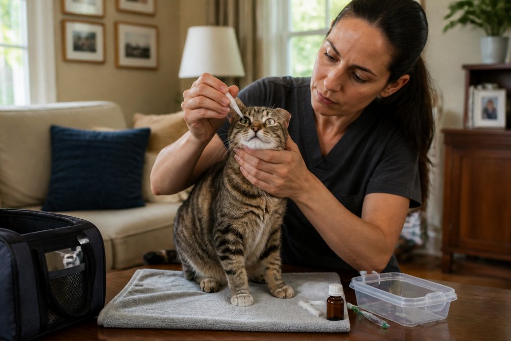 A professional pet sitter carefully administering medication to a calm cat in a home setting, hands steady and focused, showing competence and trust in a bright, comfortable living room