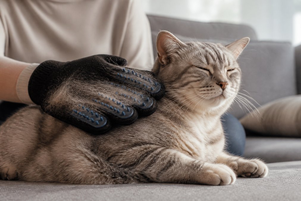 Close-up of a person wearing a silicone-nubbed grooming glove gently stroking a relaxed short-haired cat on a living room sofa, with loose fur visible on the glove surface