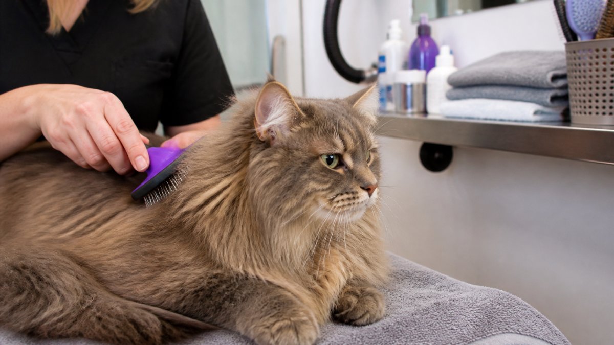 Professional groomer gently brushing a long-haired cat during a cat grooming session in a clean salon.