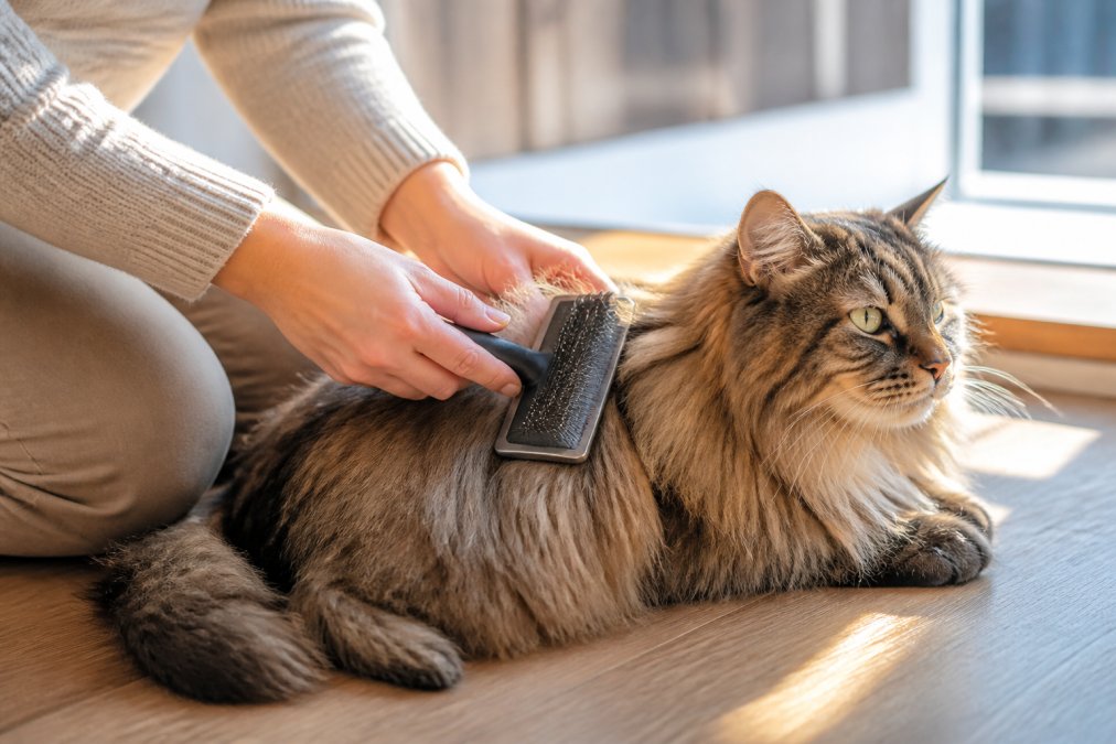 Cat owner's hands using a slicker brush on a fluffy long-haired cat's coat, showing proper brush angle and technique with natural sunlight illuminating the fur