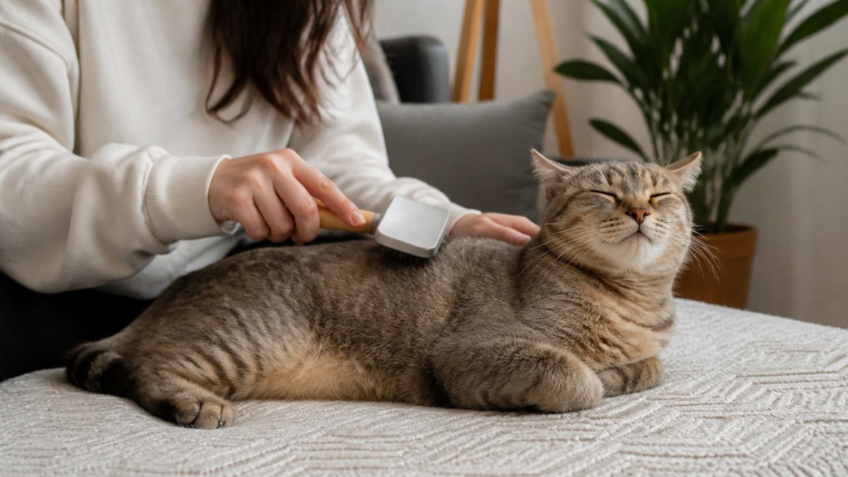 Person gently brushing a relaxed short-haired cat to demonstrate proper at-home grooming technique