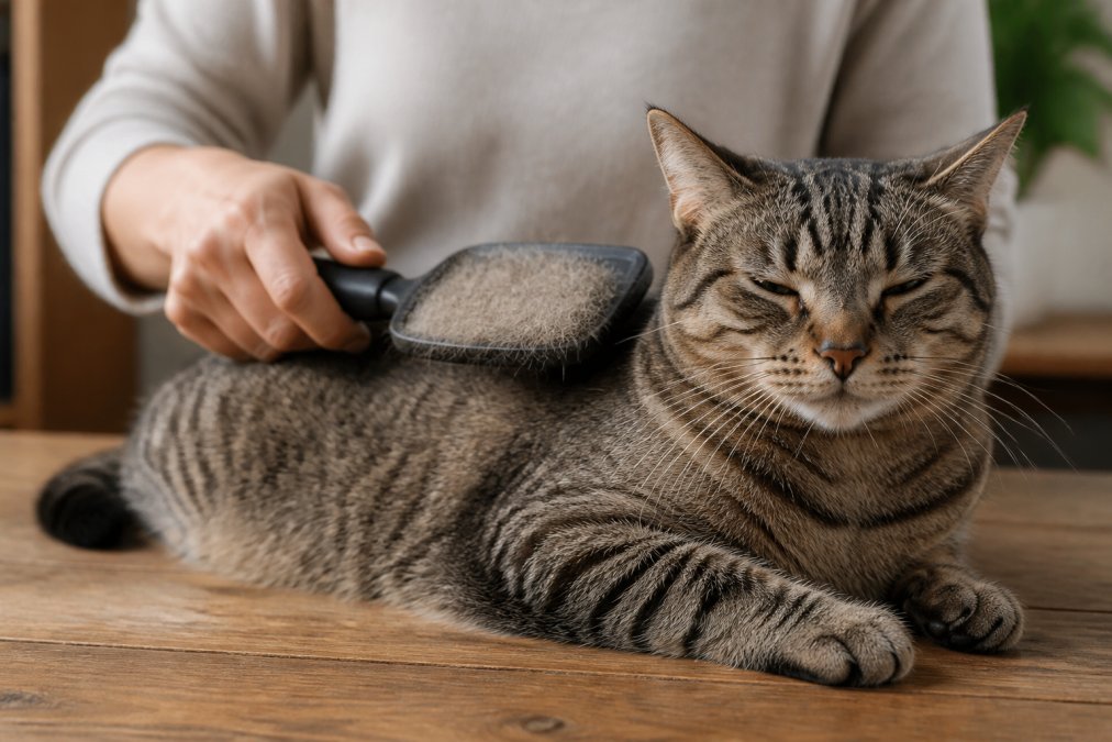 Close-up of a person gently brushing a short-haired tabby cat on a wooden table, the cat relaxed with eyes half-closed, loose fur visibly collected on the brush bristles