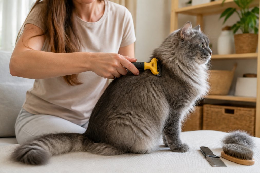 A cat owner carefully using a deshedding brush along the back of a long-haired grey cat, demonstrating gentle short strokes, the cat sitting calmly on a light-coloured surface in soft natural light