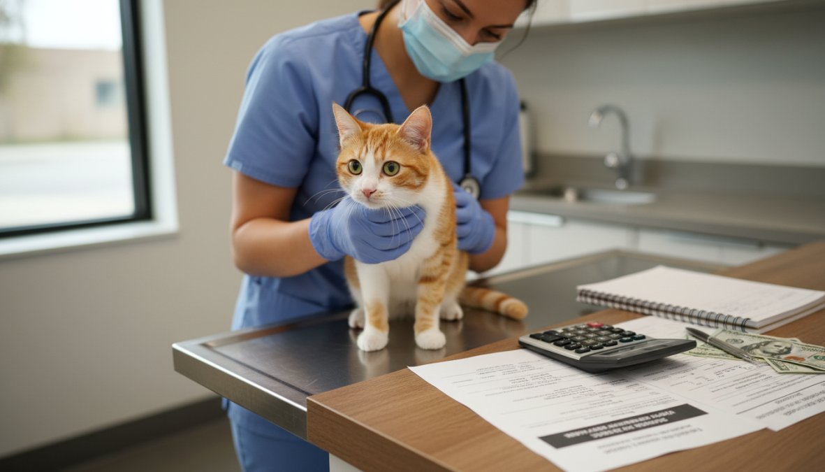 A veterinarian in blue scrubs gently cradling a young orange tabby cat on a stainless steel exam table in a bright, clean veterinary clinic with overhead surgical lighting