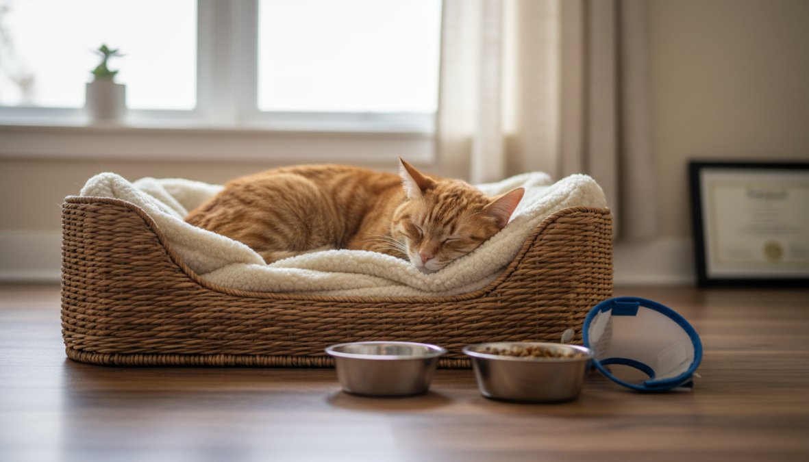 A small orange and white cat resting peacefully on a soft fleece blanket inside a wire recovery cage in a quiet home room, appearing calm and drowsy in warm afternoon light