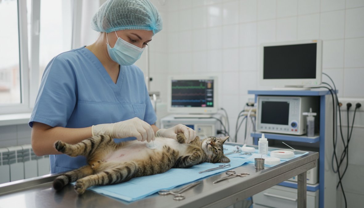 Professional illustration showing licensed and veterinarian and scrubs concepts for cat neuter procedure