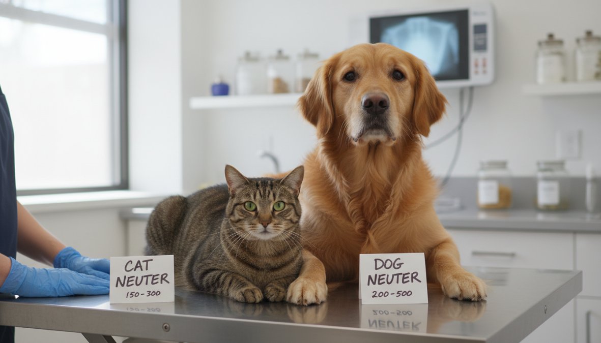 A calm tabby cat and a medium-sized golden retriever sitting side by side on a clean stainless steel veterinary exam table under bright clinic lighting, with a veterinarian's blue-gloved hands gently resting near both animals