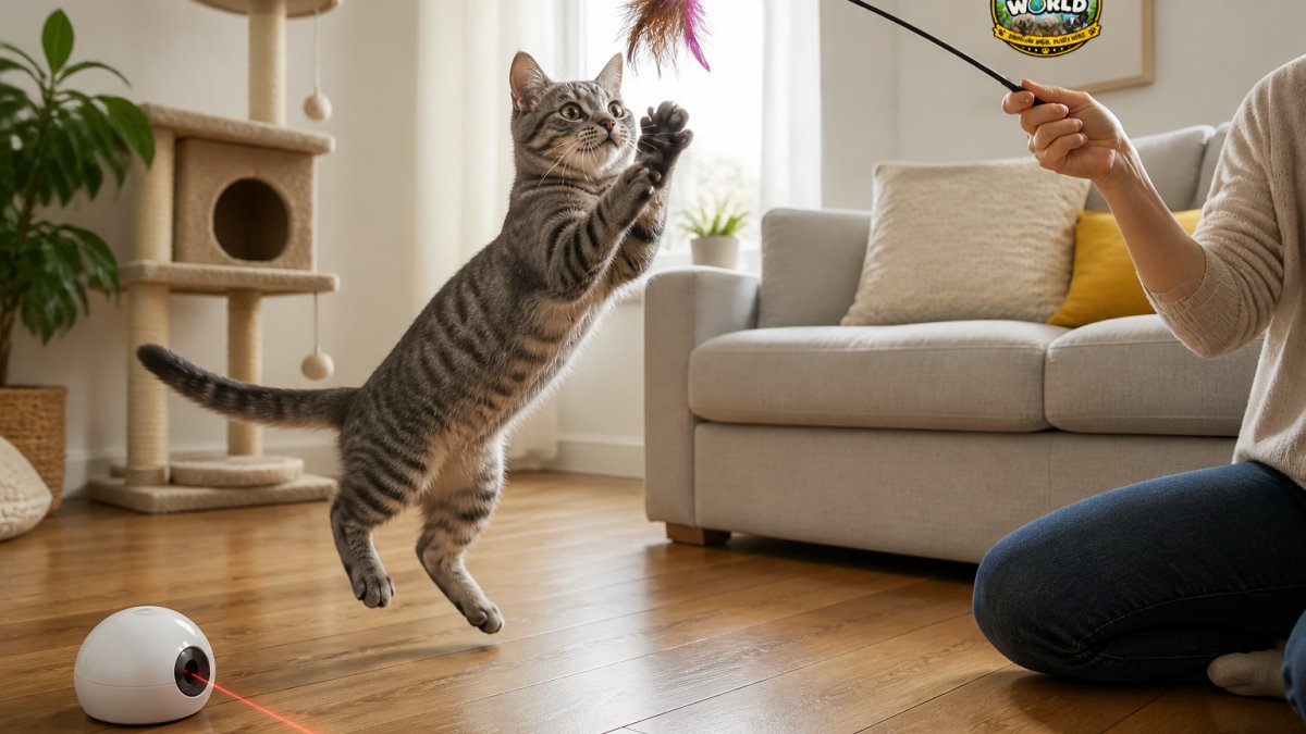 A grey tabby cat mid-pounce on a feather wand toy held by a person, bright living room with wooden floor and a laser toy resting nearby