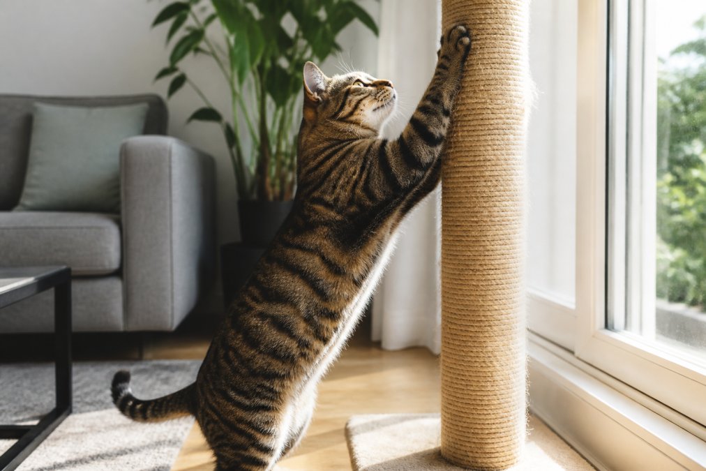 A domestic cat with claws extended, stretching upward and actively scratching a tall sisal rope post positioned beside a bright window in a modern living room
