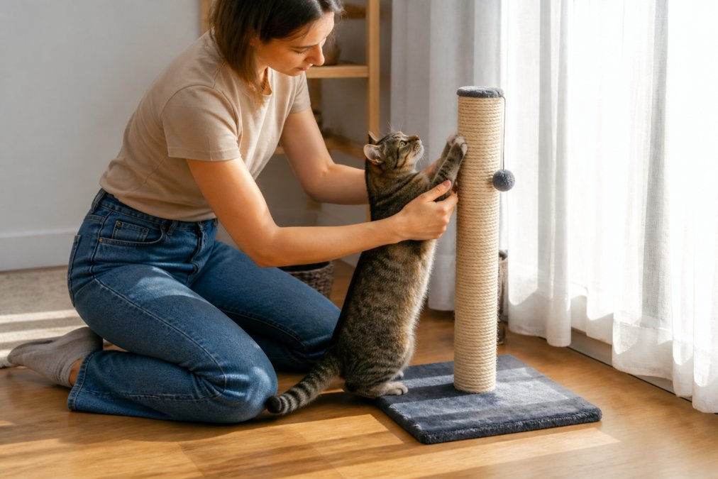 A person kneeling on a timber floor, gently holding a cat's front paws against the base of a sisal scratching post to demonstrate the scratching motion, warm afternoon light coming through nearby curtains