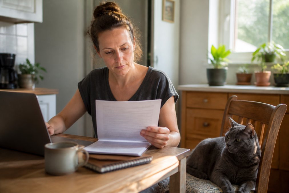 A cat owner sitting at a kitchen table with a laptop, reviewing a printed service agreement, while a gray cat rests on the chair beside her in soft afternoon light