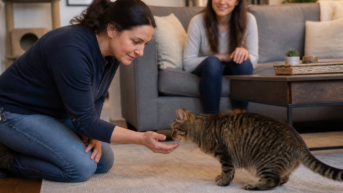 Professional pet sitter gently greeting a cautious tabby cat while the owner observes in a living room.