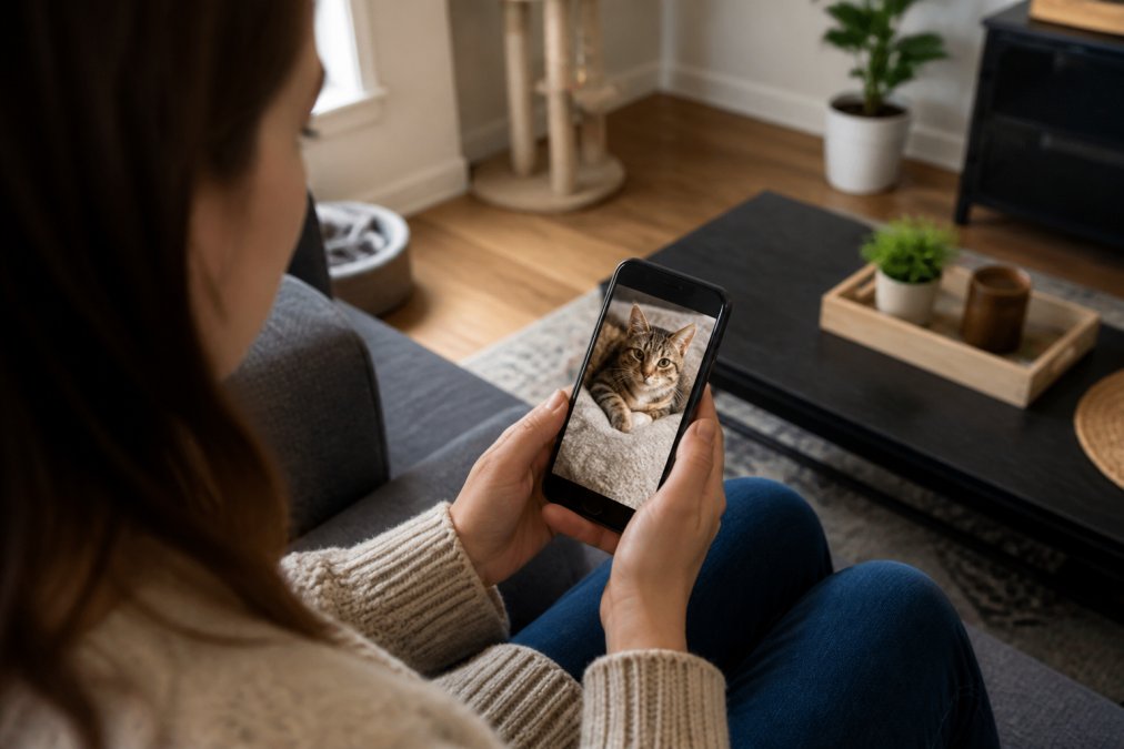 A person seated on a living room couch holding a smartphone displaying a clear photo of a tabby cat resting on a cushion, as if composing a check-in message to send to the pet owner, warm interior lighting