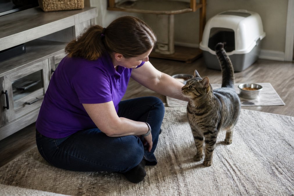 A professional pet sitter sitting on the floor interacting with a tabby cat in a home living room, with food bowls and a litter box visible in the background