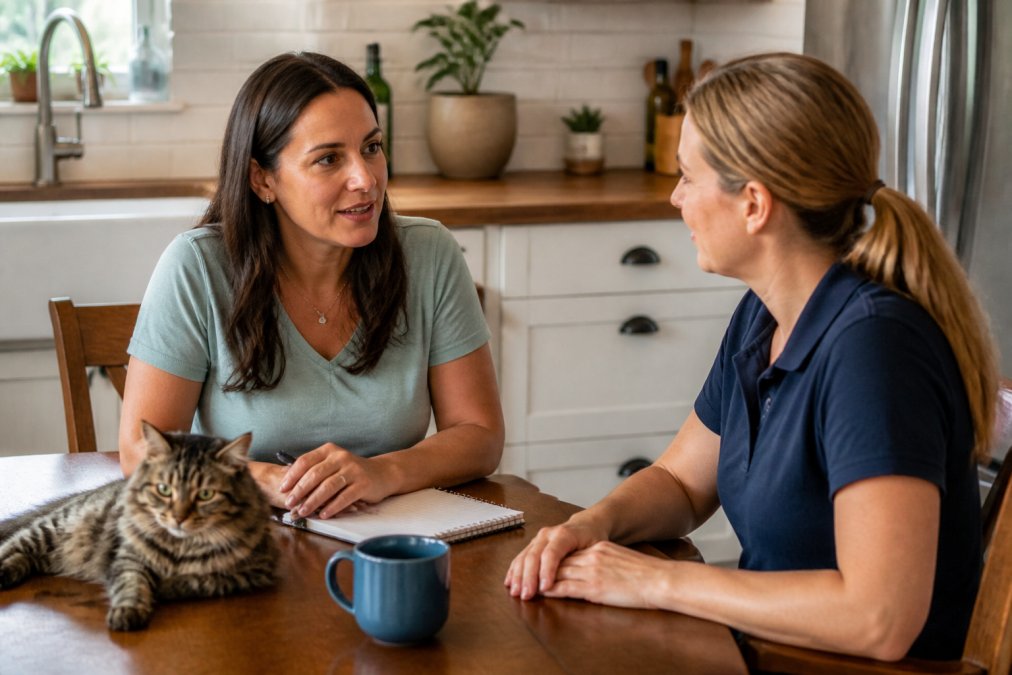 A cat owner and a professional pet sitter having a consultation conversation at a kitchen table, with the cat nearby, discussing care plans