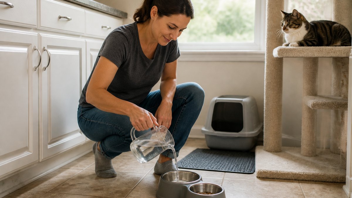 A cat sitter in a home kitchen refilling a cat's water bowl while a relaxed cat watches from a nearby perch, with a litter box visible in the background