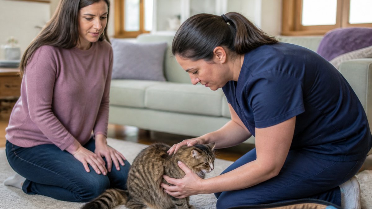 Professional cat sitter gently examining and handling a medically complex cat in a home setting while the owner observes and provides guidance