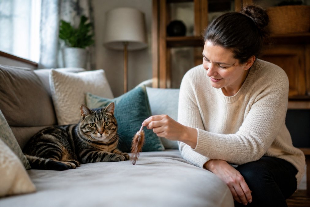 A calm tabby cat resting comfortably on a couch at home while a friendly pet sitter sits nearby offering a toy, in a warm and cozy living room setting
