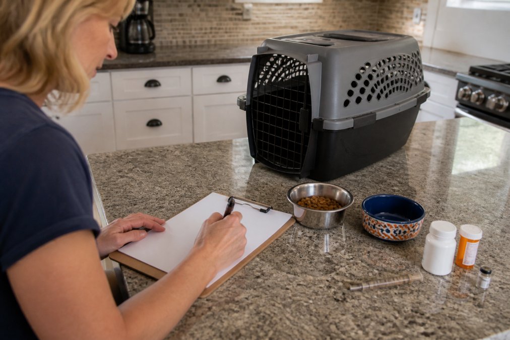 A pet owner writing notes on a clipboard next to a cat carrier, food bowls, and medication bottles laid out on a kitchen counter in preparation for a sitter's arrival