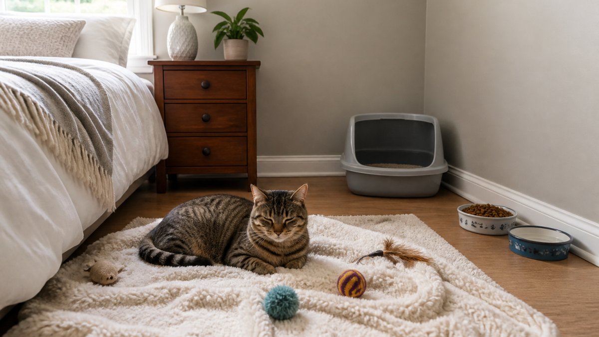 Cat resting peacefully in a quiet bedroom with a litter box in one corner, food and water bowls along the wall, and familiar toys scattered on a soft blanket, with soft natural lighting from a window