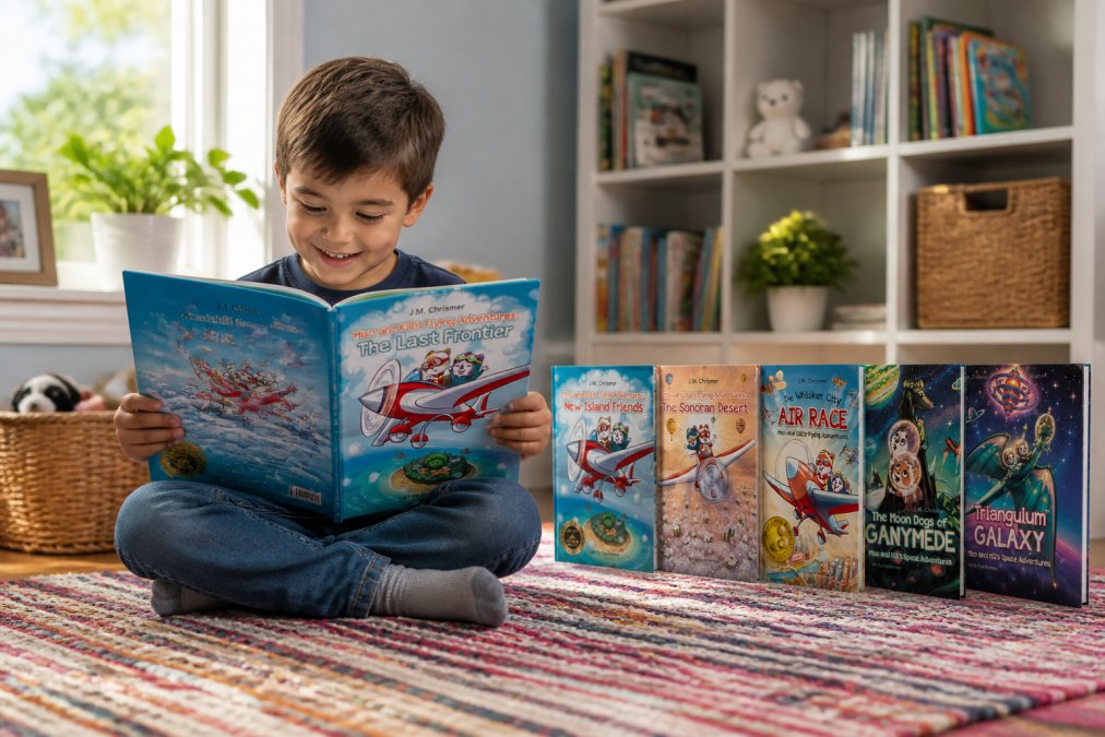 A young child (ages 4-6) sitting cross-legged on a colorful rug, holding an open picture book with cat characters, smiling while looking at the illustrations in natural daylight from a window