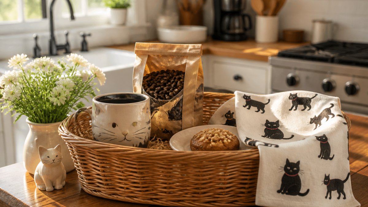 Cat-themed ceramic mug with coffee beans and a gourmet treat arranged as a cozy gift basket on a kitchen counter