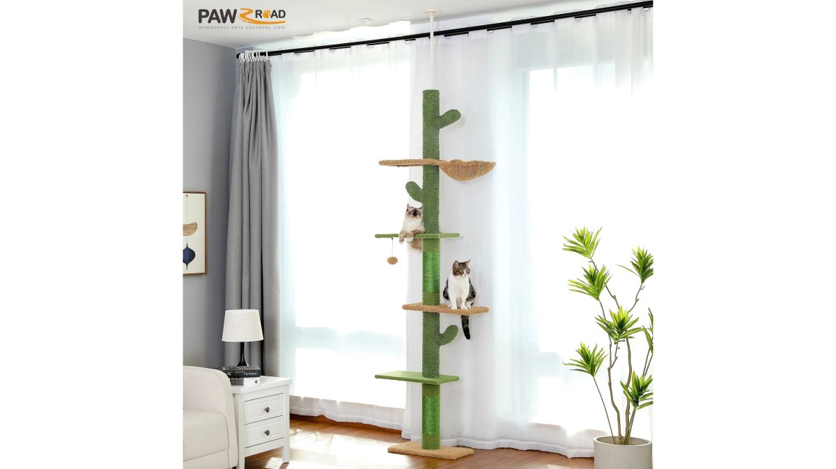 Cat Tree 5-Tier Floor to Ceiling Cat Tower Cactus Tall Climbing Tree with Scratching Post Hammock Dangling Ball for Indoor Cats