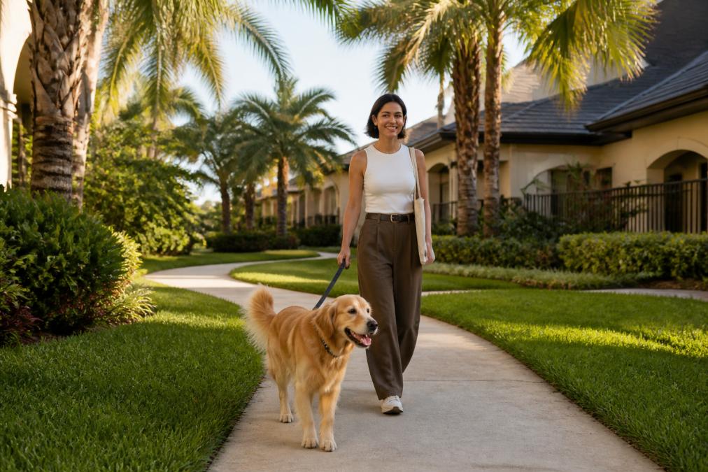 A resident walking a medium-sized golden retriever along a lush, landscaped path in a garden-style apartment community in Florida, with palm trees and a well-maintained lawn visible in the warm afternoon light
