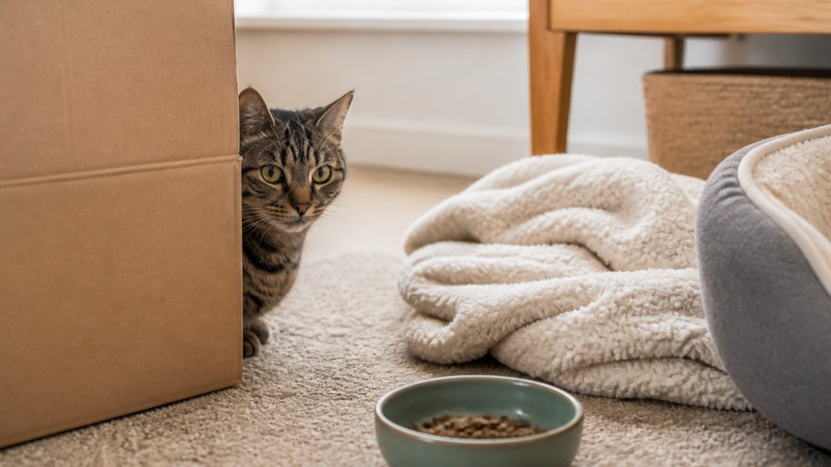 A calm, softly lit living room in a British home with a nervous tabby cat peeking out from behind a cardboard box near a cosy blanket and food bowl, showing a quiet settling-in space