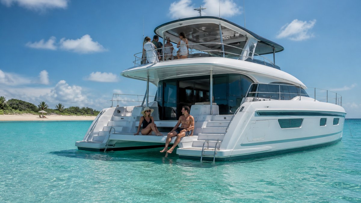 A wide power catamaran anchored in shallow turquoise water near a Bahamian sandbar, with guests relaxing on the flybridge and swim platform under bright sunlight