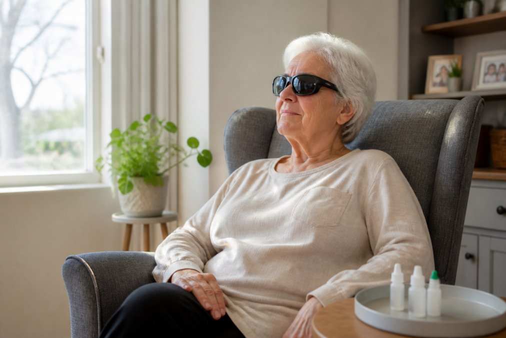 An older adult sitting comfortably in a bright living room, wearing protective sunglasses and resting, with a small tray of eye drop bottles on a side table nearby