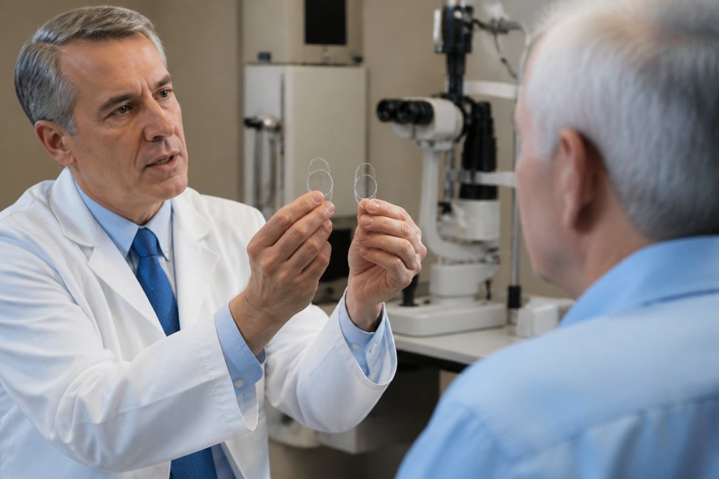 Ophthalmologist comparing lens implants for cataract surgery near a digital eye scan monitor