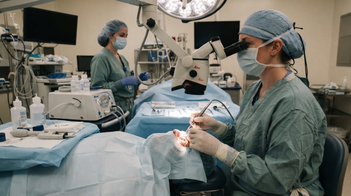 Professional illustration showing Ophthalmologist for cataract surgery astigmatism