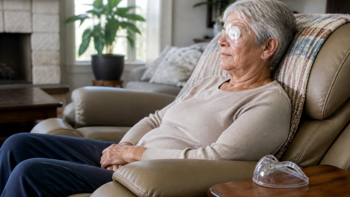An older adult resting comfortably in a recliner in a bright living room, a clear plastic protective eye shield on the side table beside them, soft daylight through the window