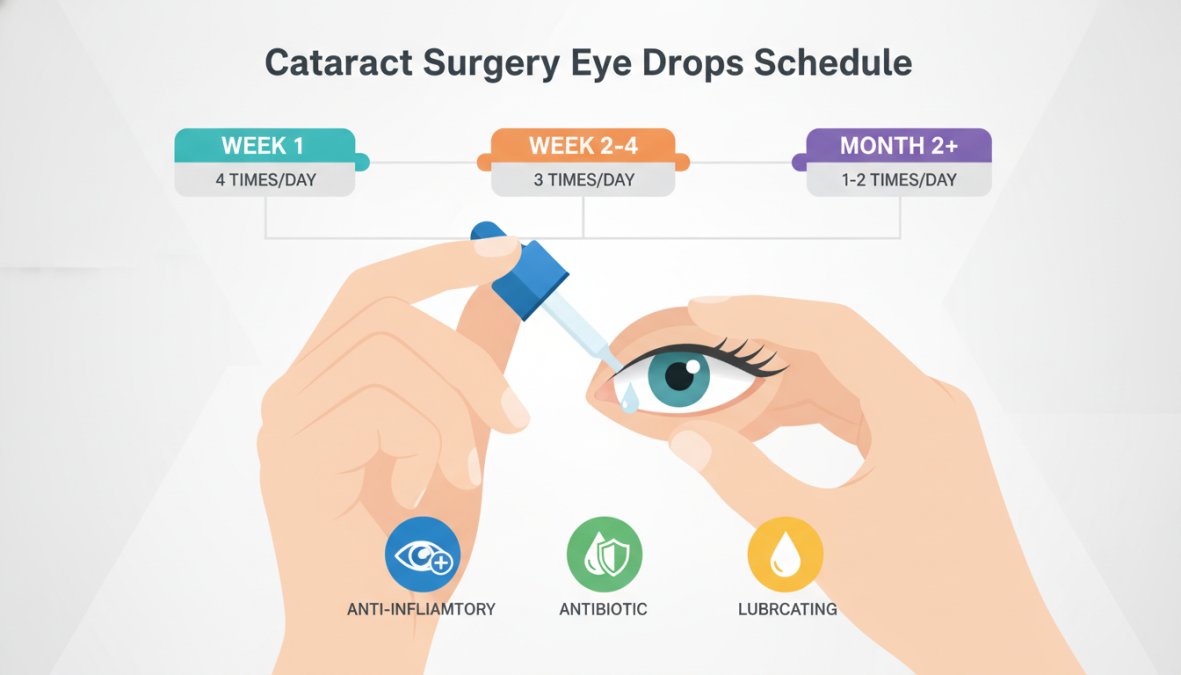 Close-up of a patient's hands carefully administering eye drops to their eye, showing proper technique with the dropper positioned above the lower eyelid, with a blurred clinical background