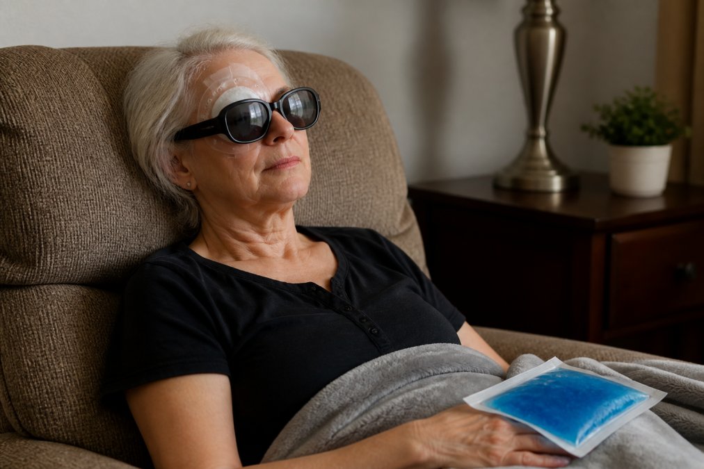 Patient wearing protective eye shield and dark sunglasses indoors, resting in a comfortable chair with a cool compress nearby